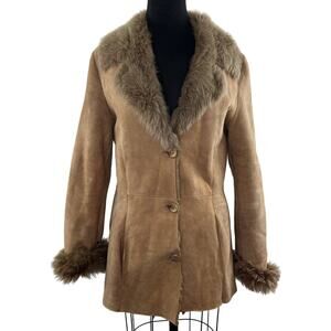 ZARA Woman Brown Shearling Suede Button-Down Fur Jacket Coat M Medium Y2K GenZ